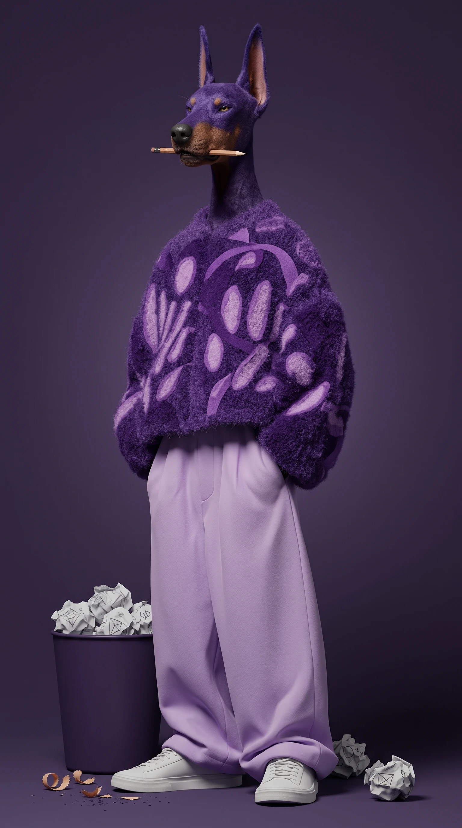 Graf, el dóberman morado de Studio S, con suéter peludo, un lápiz en la boca y una papelera llena de descartes a los pies.